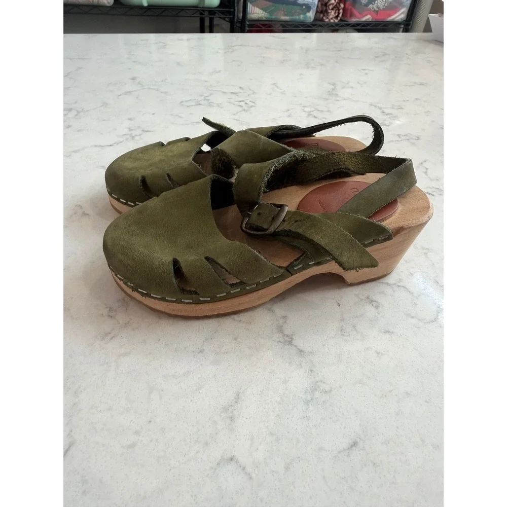 7.Mabo Kids Olive Green Suede Wooden Clogs Made in Sweden EU 27 US 10